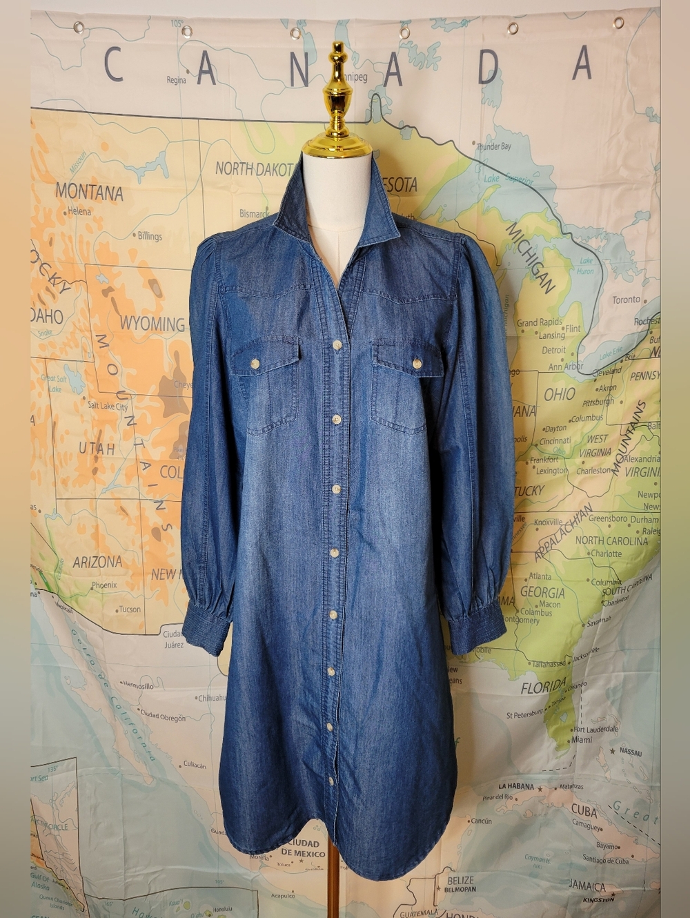 Adorable Denim Dress By Given Kale Long Sleeves With Pearl Snaps Button Front